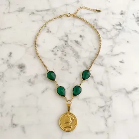 QUINN green crystal gold coin necklace