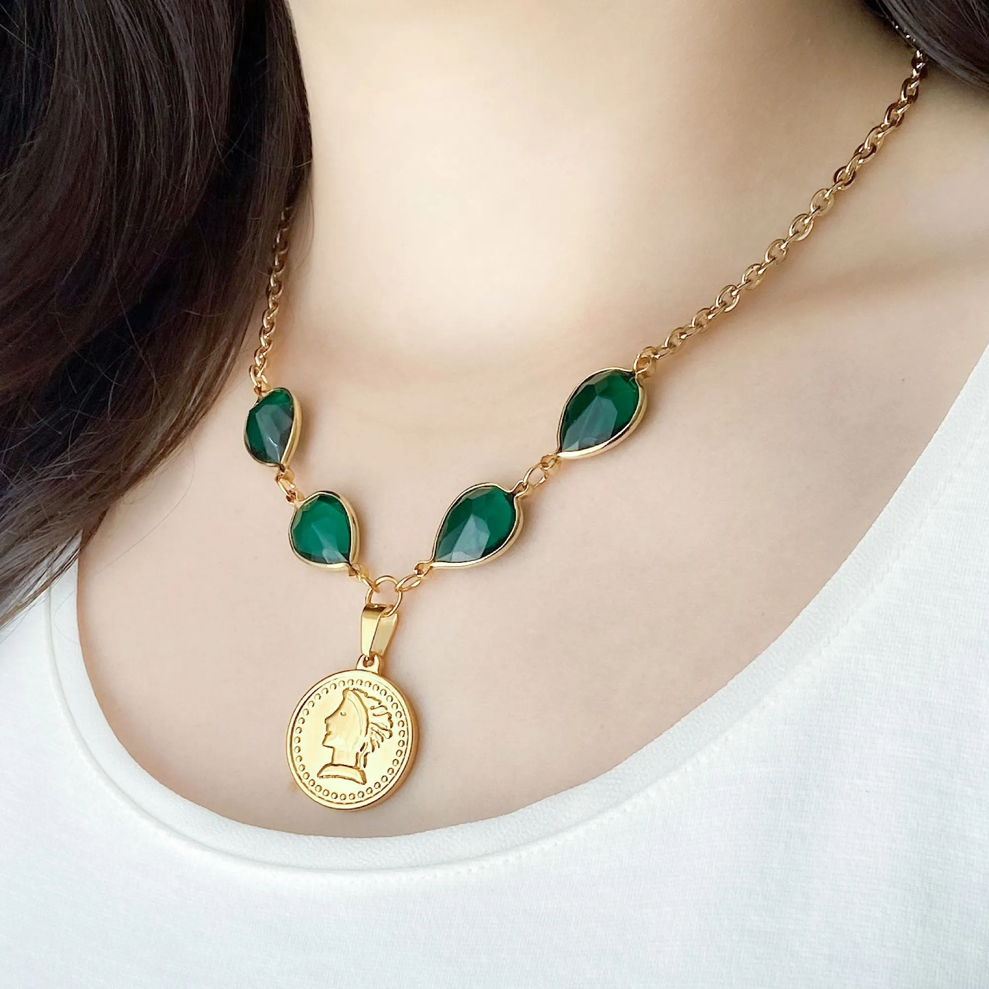 QUINN green crystal gold coin necklace