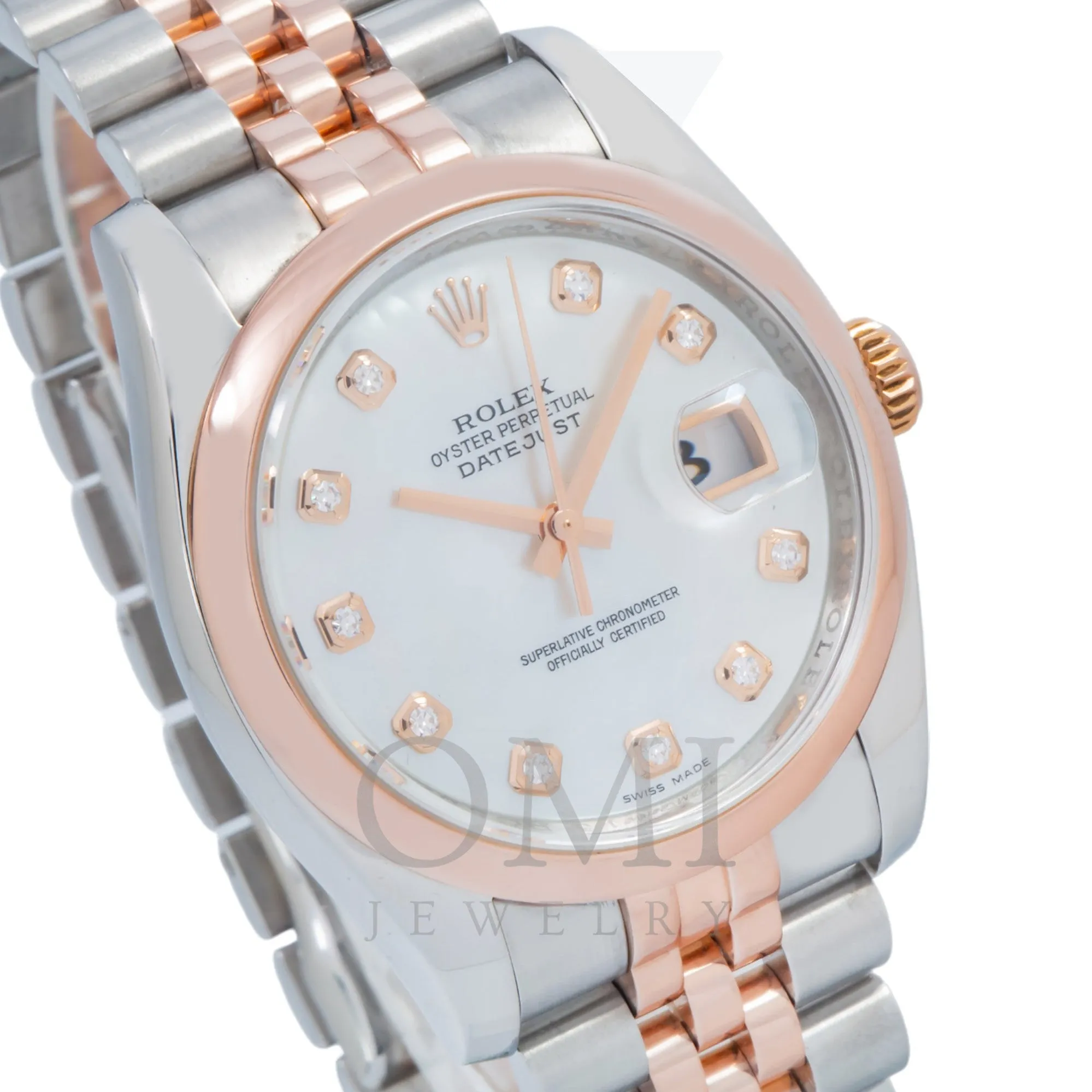 36MM Rolex Datejust 116201 Watch with Diamond-Encrusted White Mother of Pearl Dial and Two-Tone Jubilee Bracelet