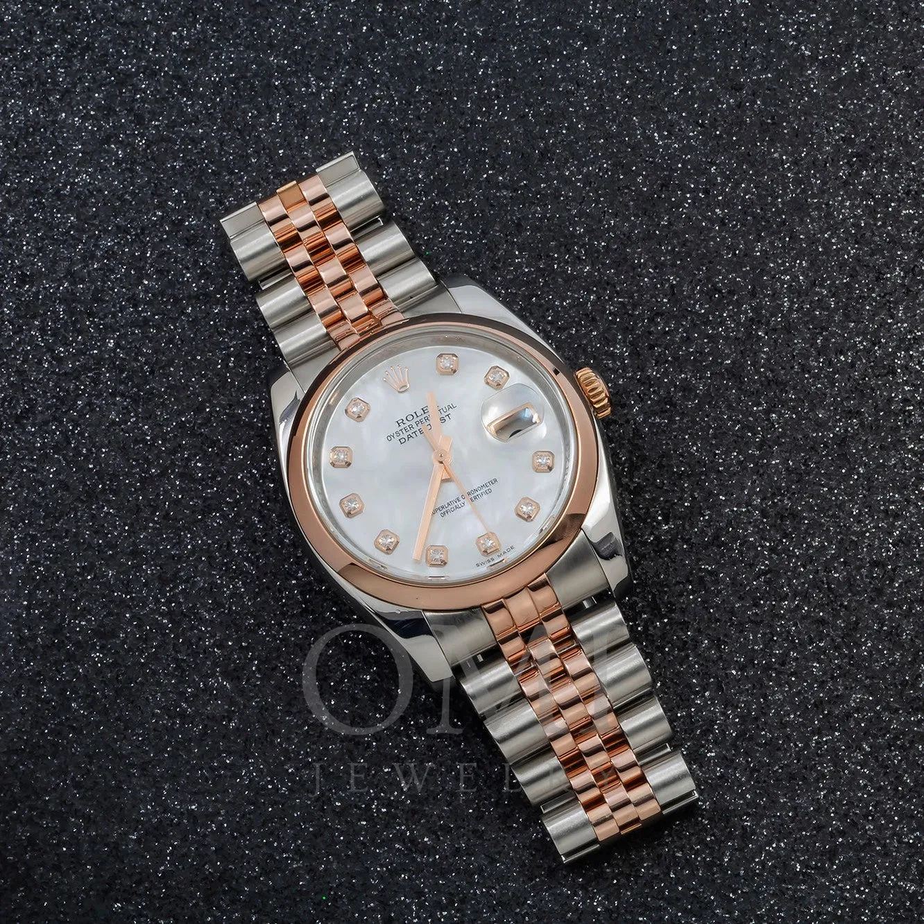 36MM Rolex Datejust 116201 Watch with Diamond-Encrusted White Mother of Pearl Dial and Two-Tone Jubilee Bracelet