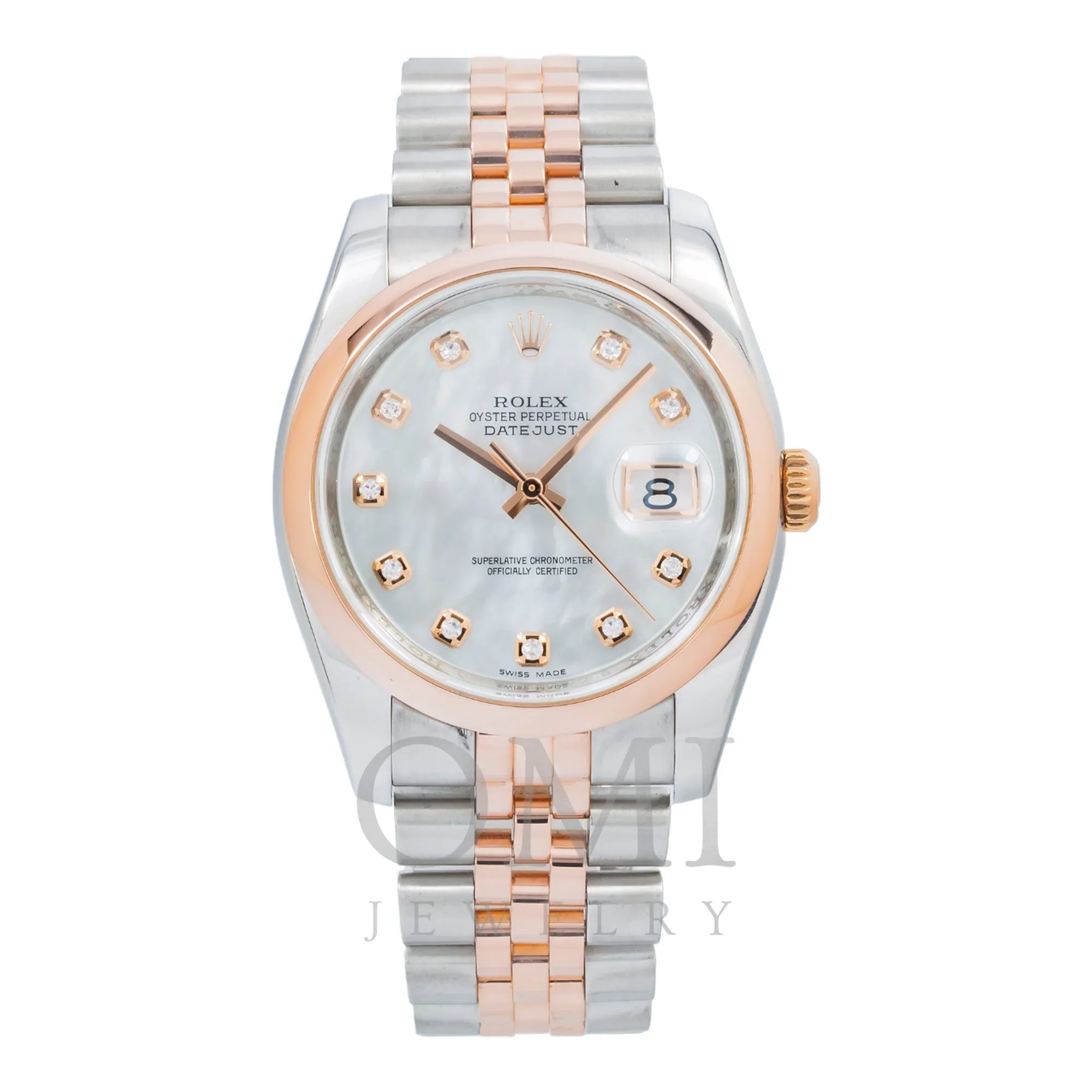 36MM Rolex Datejust 116201 Watch with Diamond-Encrusted White Mother of Pearl Dial and Two-Tone Jubilee Bracelet