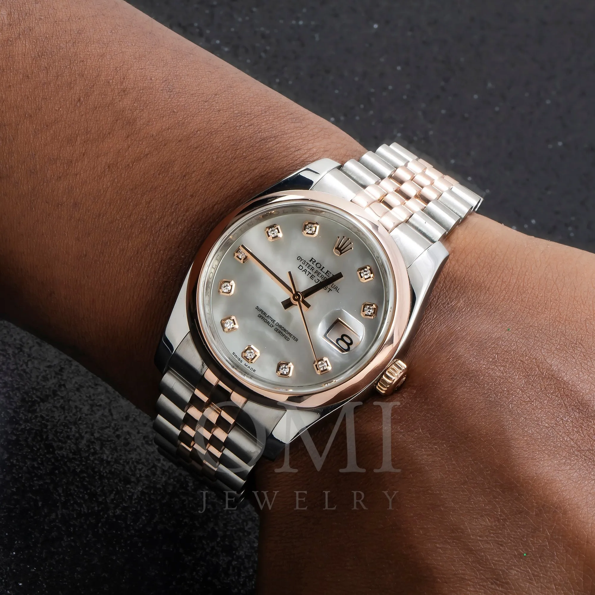 36MM Rolex Datejust 116201 Watch with Diamond-Encrusted White Mother of Pearl Dial and Two-Tone Jubilee Bracelet