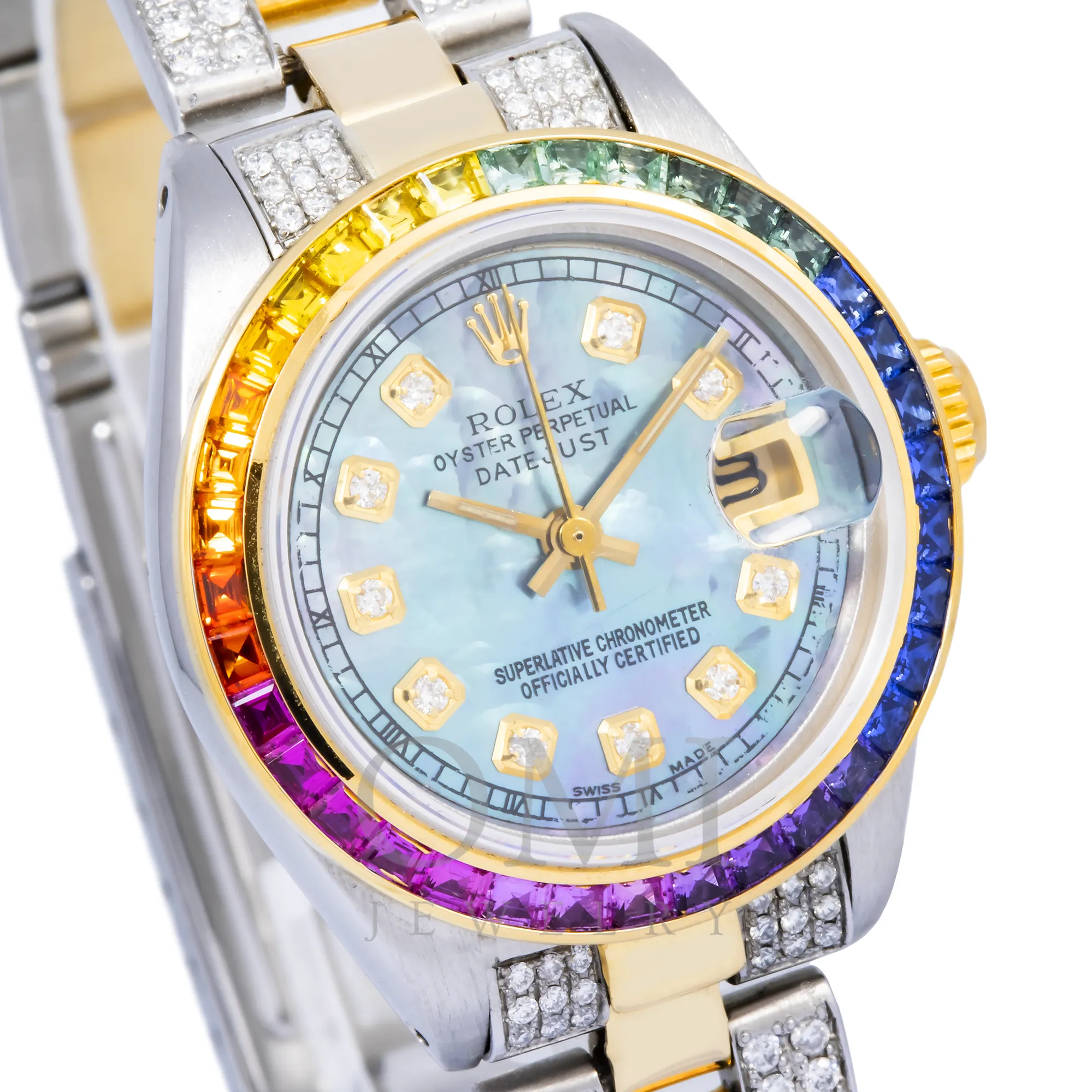 ROLEX DATEJUST 6919 26MM BLUE MOP DIAMOND DIAL RAINBOW BEZEL AND SEMI DIAMOND OYSTER BRACELET