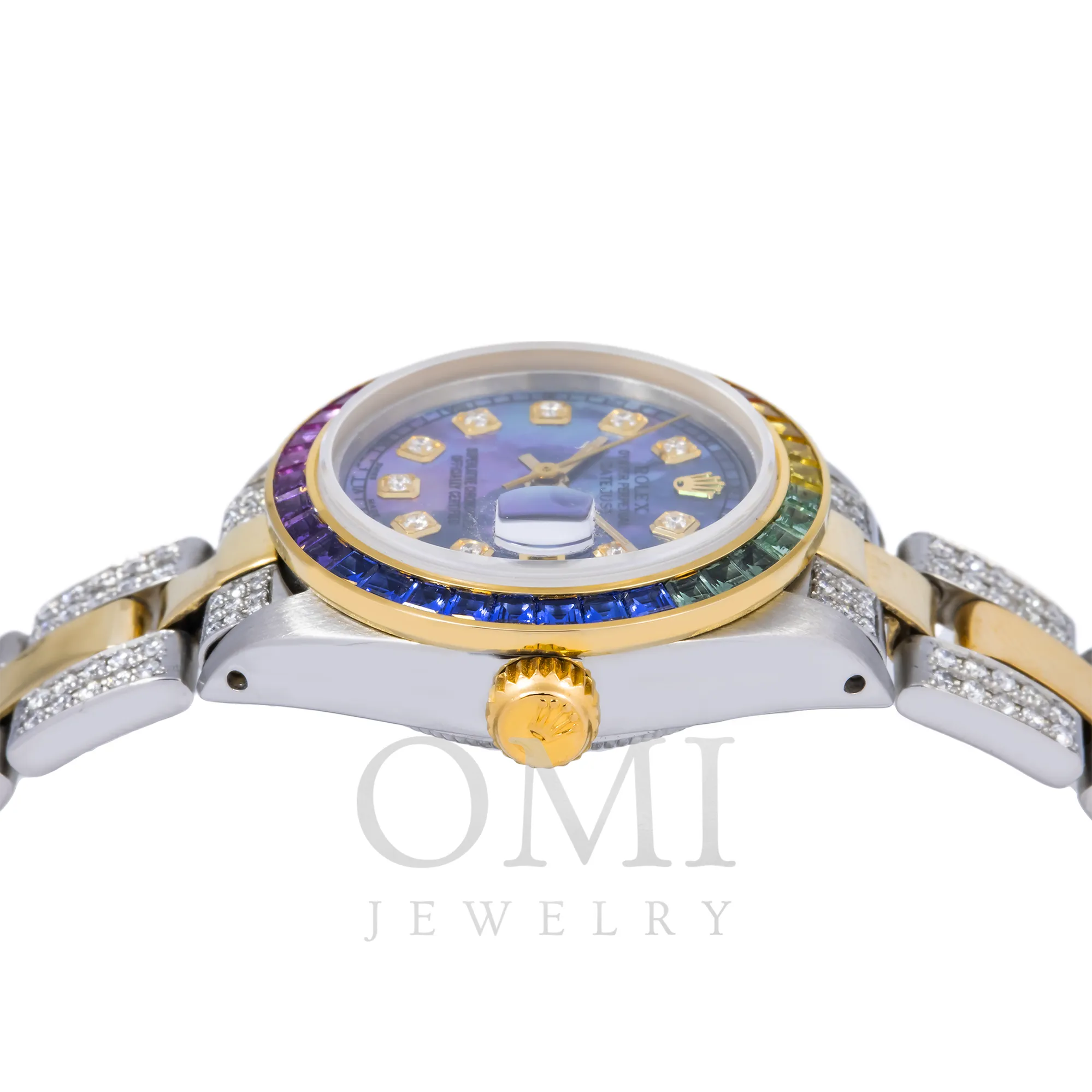 ROLEX DATEJUST 6919 26MM BLUE MOP DIAMOND DIAL RAINBOW BEZEL AND SEMI DIAMOND OYSTER BRACELET