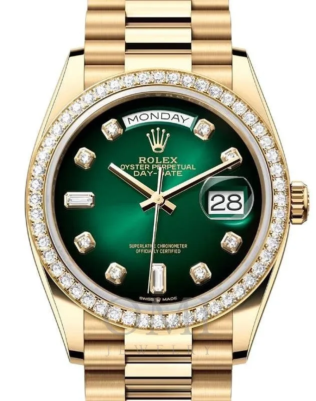 Rolex Day-Date 128348RBR-36mm Yellow Gold Watch With Yellow Gold President Bracelet, Green diamond dial and Diamond Bezel