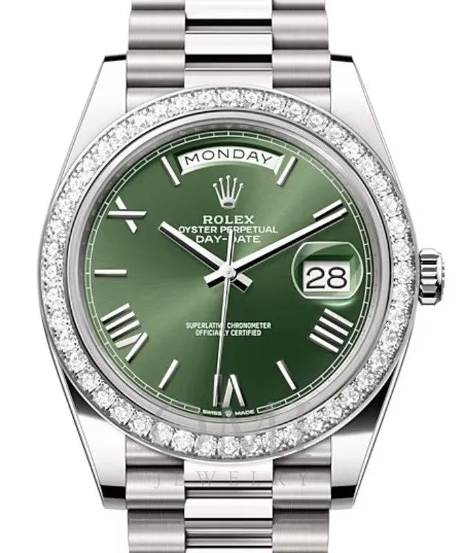 Rolex Day-Date 228349RBR - 40MM White Gold Watch With Oyster Bracelet and Diamond Bezel.