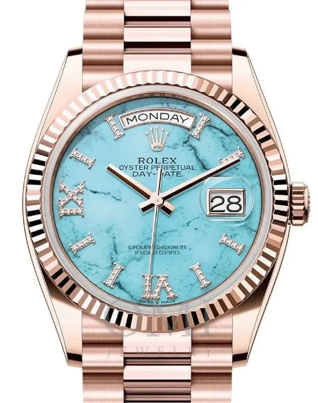 ROLEX DAY-DATE 36 PRESIDENT ROSE GOLD TURQUOISE TIFFANY DIAMOND DIAL FLUTED BEZEL 128235 WITH PRESIDENT ROSE GOLD OYSTER BRACELET