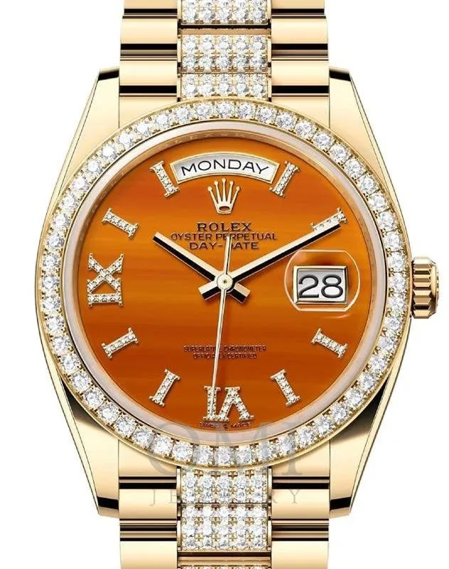 ROLEX DAY-DATE 36 PRESIDENT YELLOW GOLD CARNELIAN ORANGE DIAL DIAMOND BEZEL 128348RBR WITH PRESIDENT YELLOW GOLD SEMI DIAMONDS OYSTER BRACELET