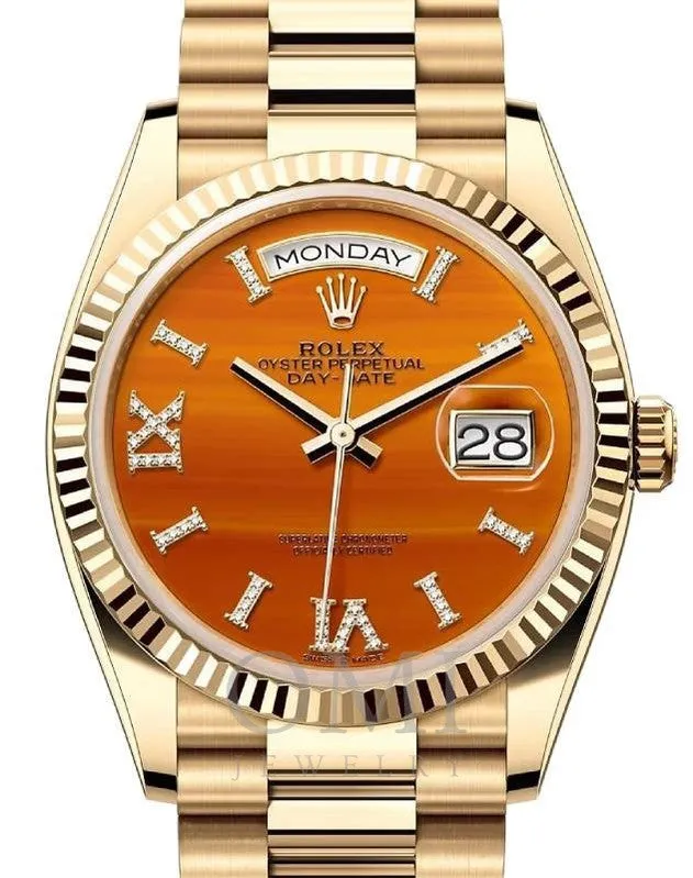 ROLEX DAY-DATE 36 PRESIDENT YELLOW GOLD CARNELIAN ORANGE DIAMOND DIAL 128238 WITH PRESIDENT YELLOW GOLD OYSTER BRACELET