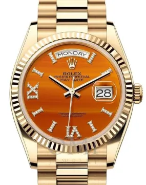 ROLEX DAY-DATE 36 PRESIDENT YELLOW GOLD CARNELIAN ORANGE DIAMOND DIAL 128238 WITH PRESIDENT YELLOW GOLD OYSTER BRACELET