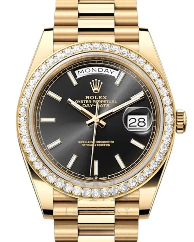 ROLEX DAY-DATE 40 YELLOW GOLD BLACK INDEX DIAL & DIAMOND BEZEL 228348RBR WITH YELLOW GOLD PRESIDENT OYSTER BRACELET