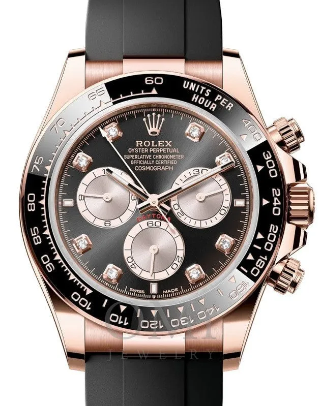 ROLEX DAYTONA ROSE GOLD BRIGHT BLACK/SUNDUST DIAMOND DIAL OYSTERFLEX 126515LN WITH RUBBER BAND