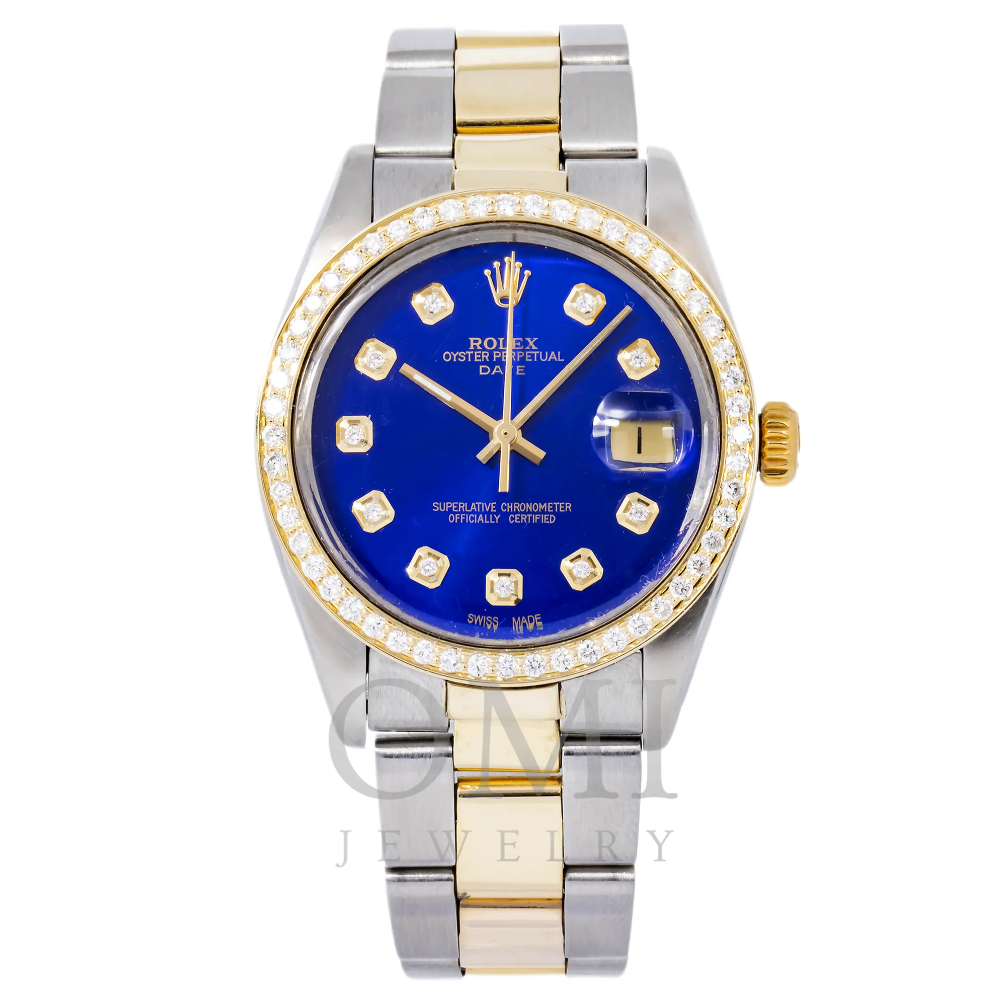 ROLEX OYSTER PERPETUAL  DATE 1505 34MM, BLUE DIAMOND DIAL WITH TWO TONE OYSTER BRACELET