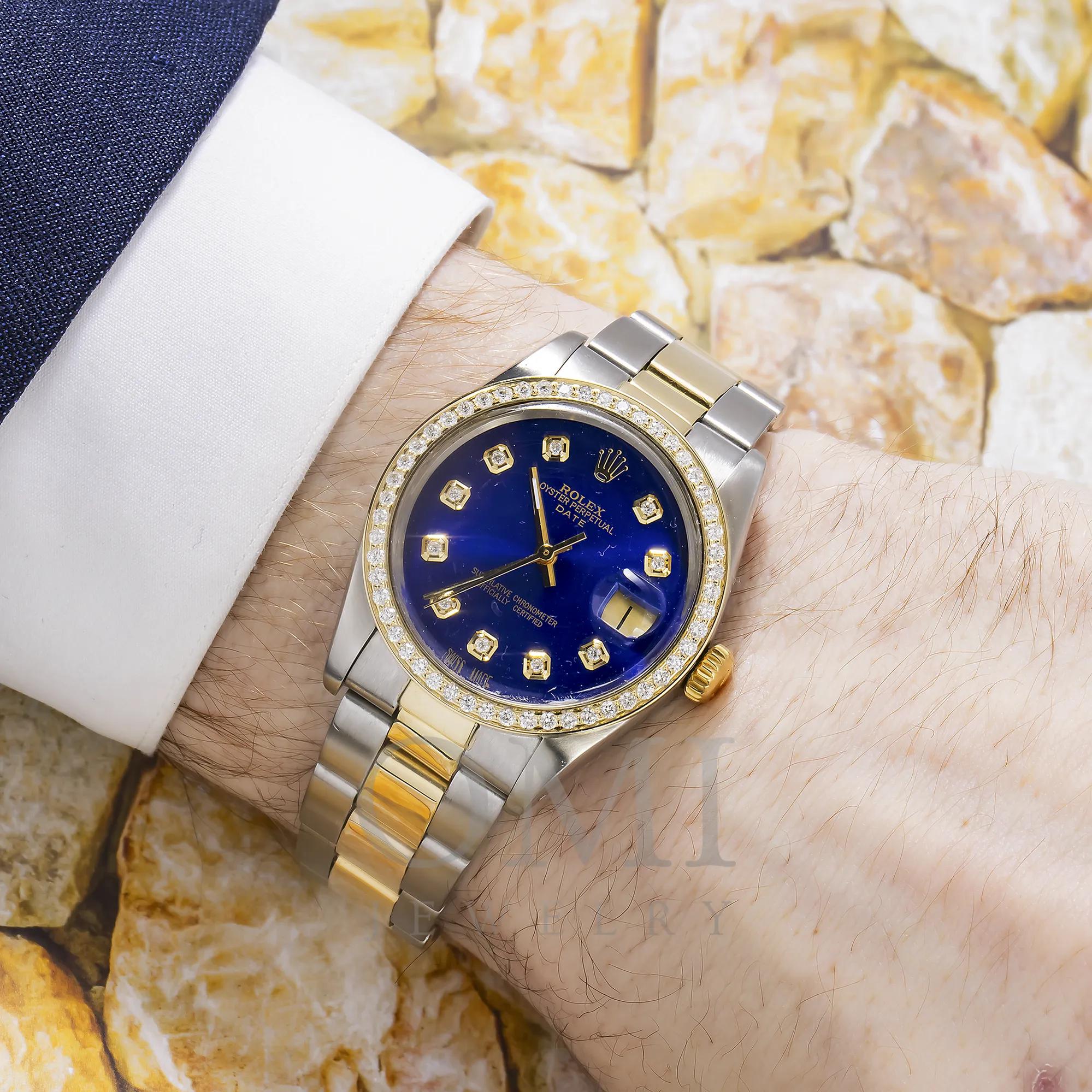 ROLEX OYSTER PERPETUAL  DATE 1505 34MM, BLUE DIAMOND DIAL WITH TWO TONE OYSTER BRACELET