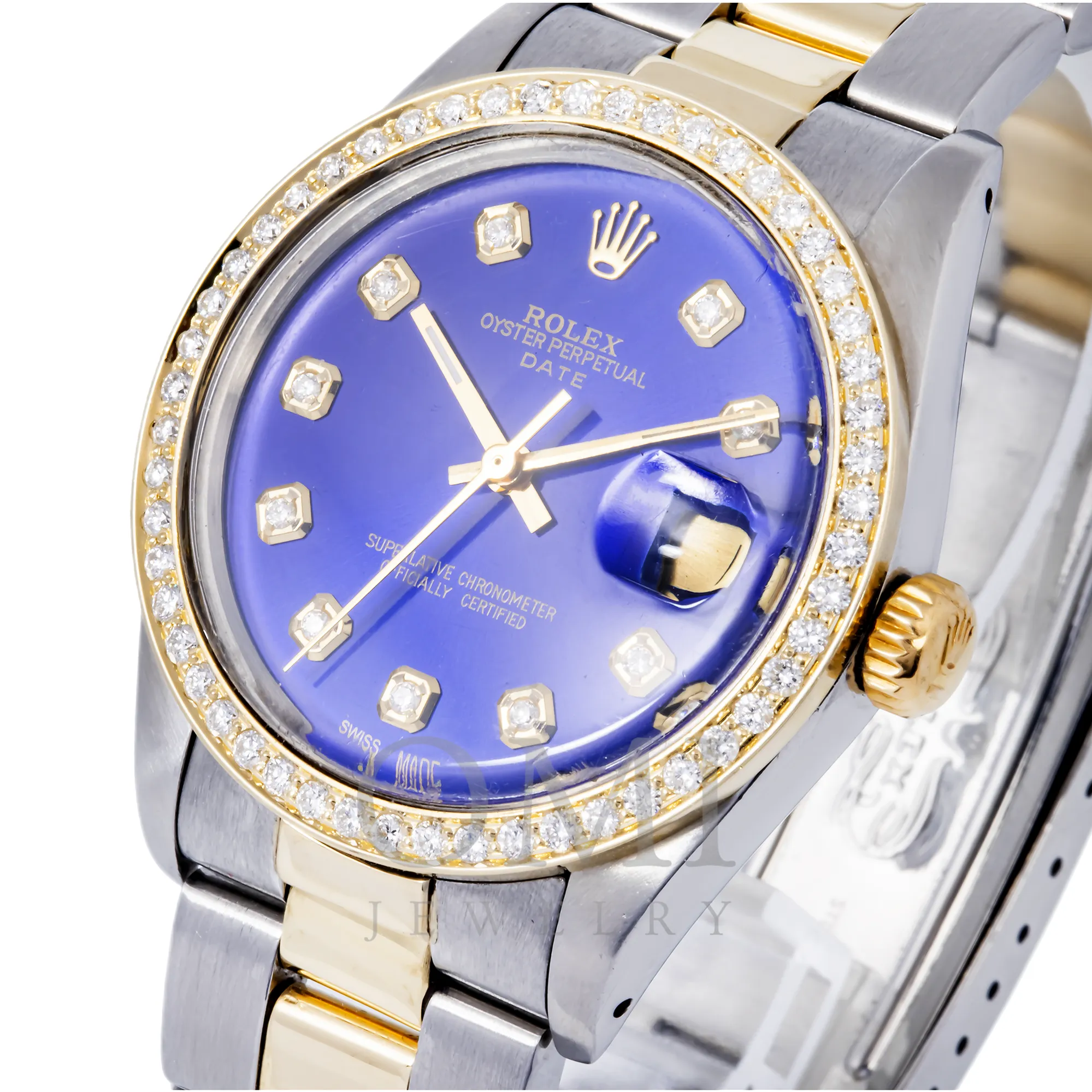 ROLEX OYSTER PERPETUAL  DATE 1505 34MM, BLUE DIAMOND DIAL WITH TWO TONE OYSTER BRACELET