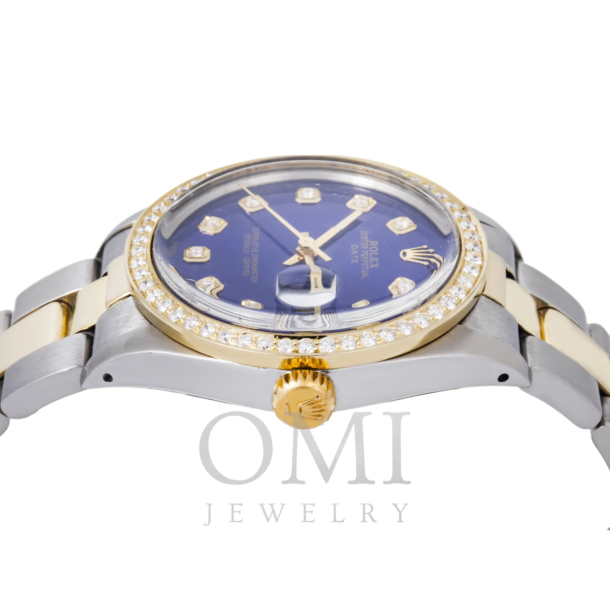 ROLEX OYSTER PERPETUAL  DATE 1505 34MM, BLUE DIAMOND DIAL WITH TWO TONE OYSTER BRACELET