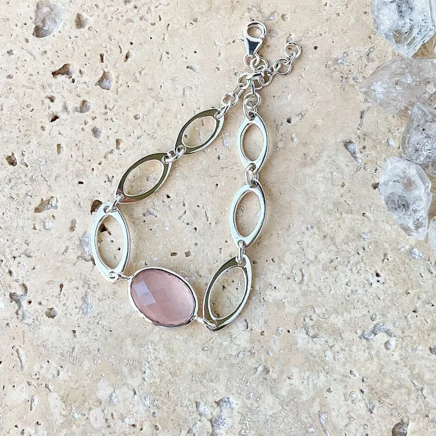 Rose Quartz Oval Checker Cut Bracelet - Peony