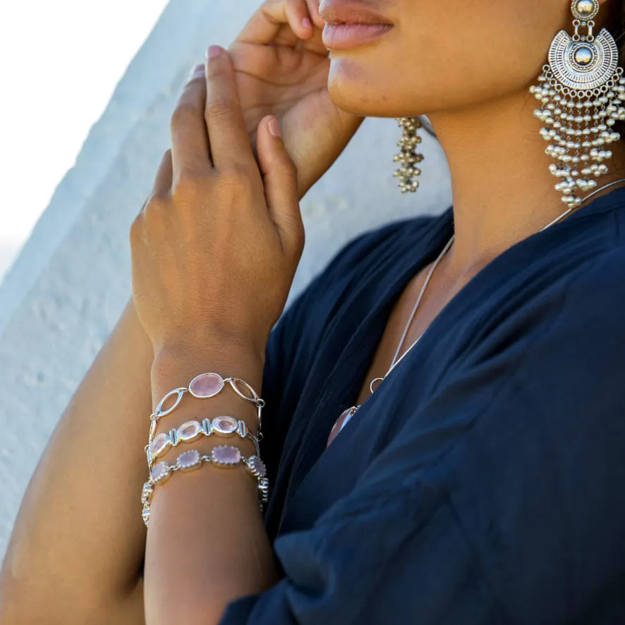 Rose Quartz Oval Checker Cut Bracelet - Peony