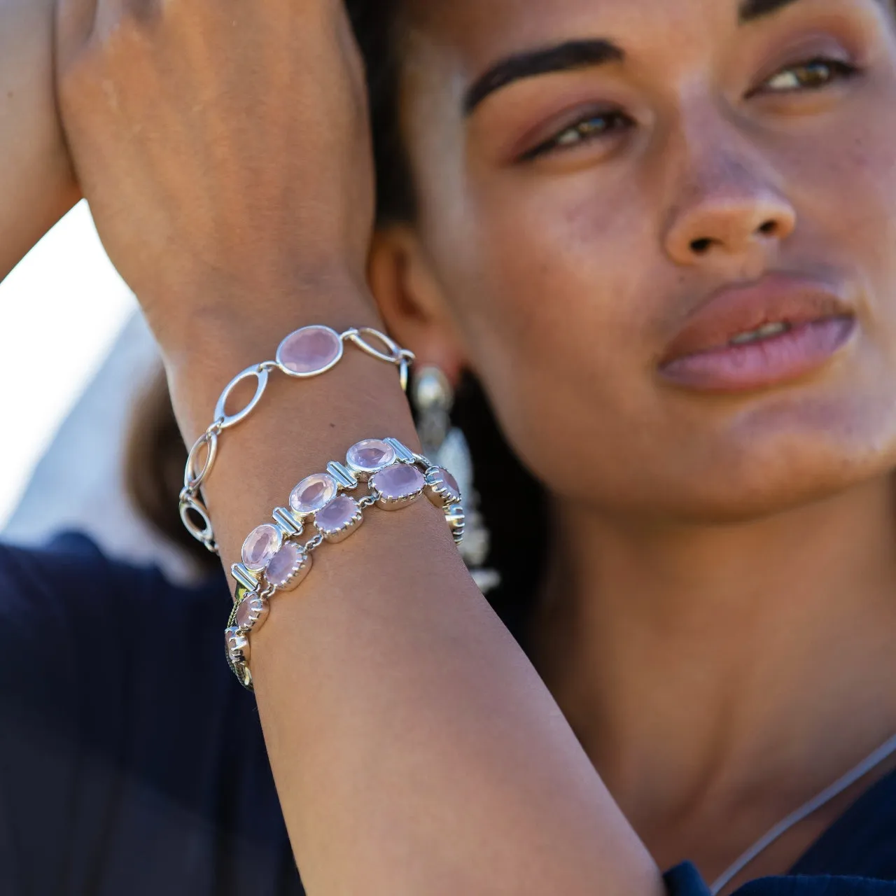 Rose Quartz Oval Checker Cut Bracelet - Peony