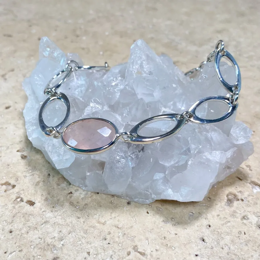 Rose Quartz Oval Checker Cut Bracelet - Peony