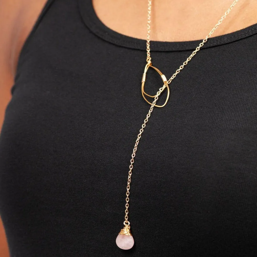 Rose Quartz Teardrop Lariat Necklace in Gold