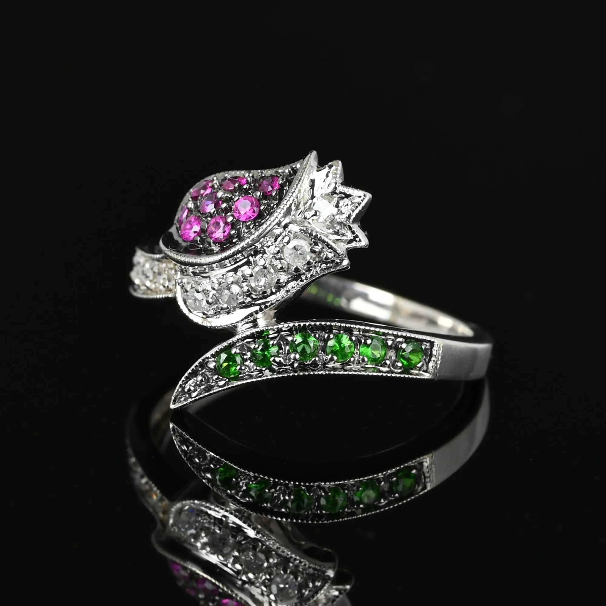 Ruby Diamond Green Sapphire Tulip Ring in 14K White Gold