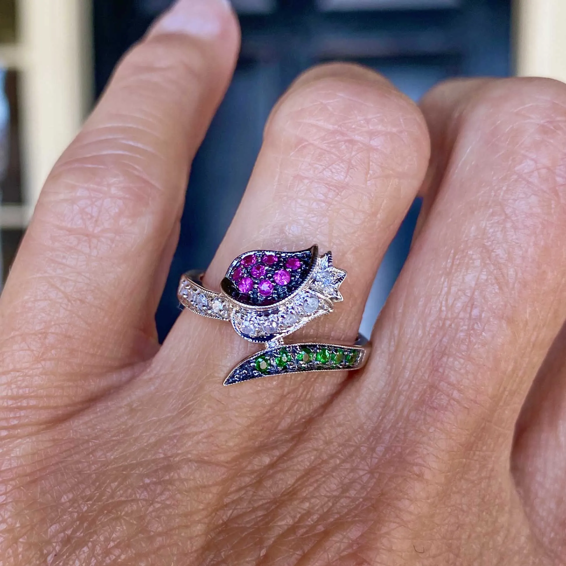 Ruby Diamond Green Sapphire Tulip Ring in 14K White Gold