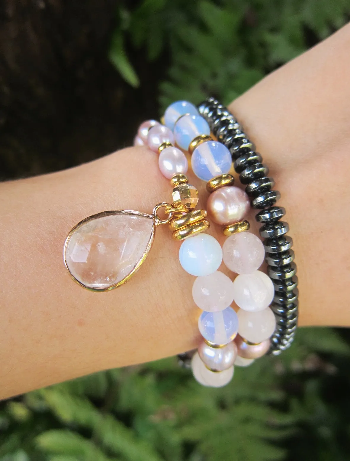 Selenite, Rose Quartz, Pink Freshwater Pearl Energy Wrist Bracelet