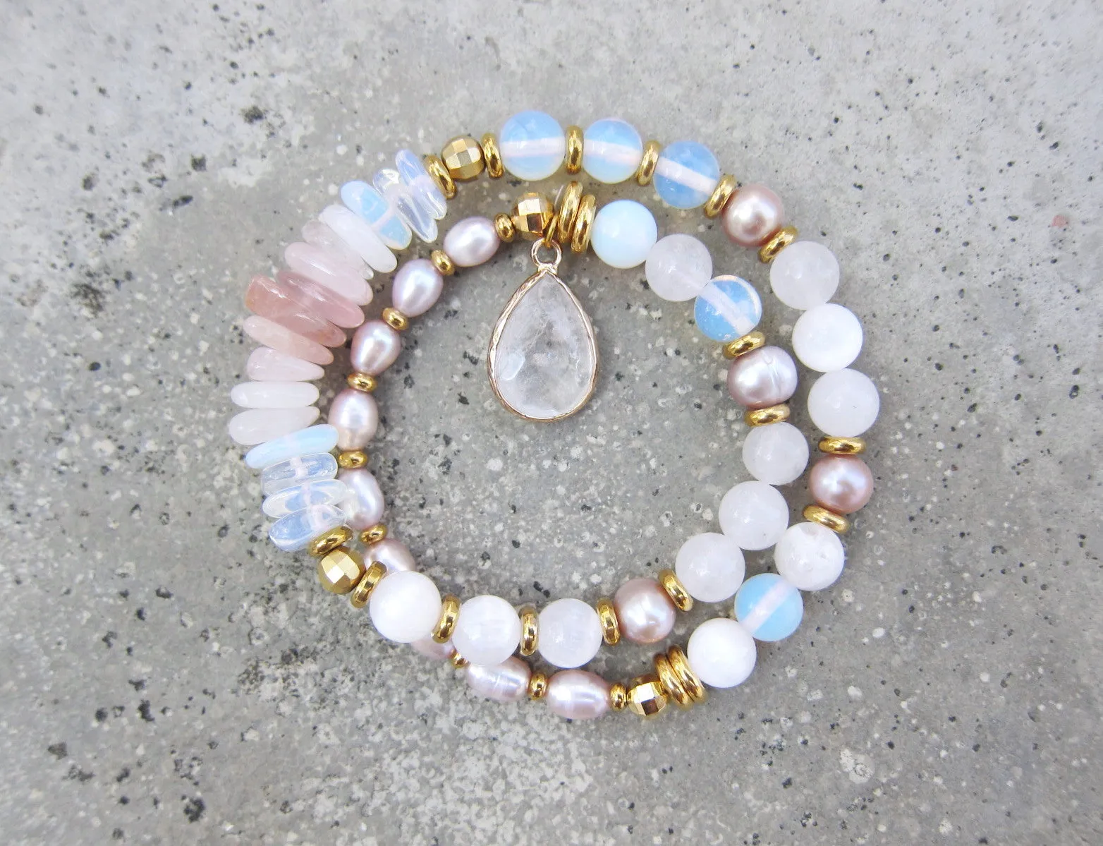 Selenite, Rose Quartz, Pink Freshwater Pearl Energy Wrist Bracelet