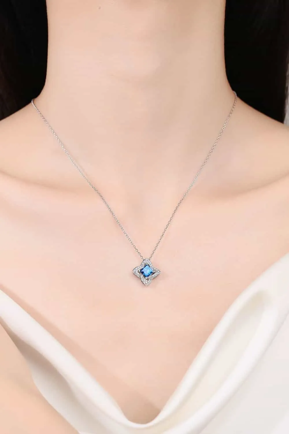 Sky Blue 1 Ct Moissanite Floral Pendant Necklace