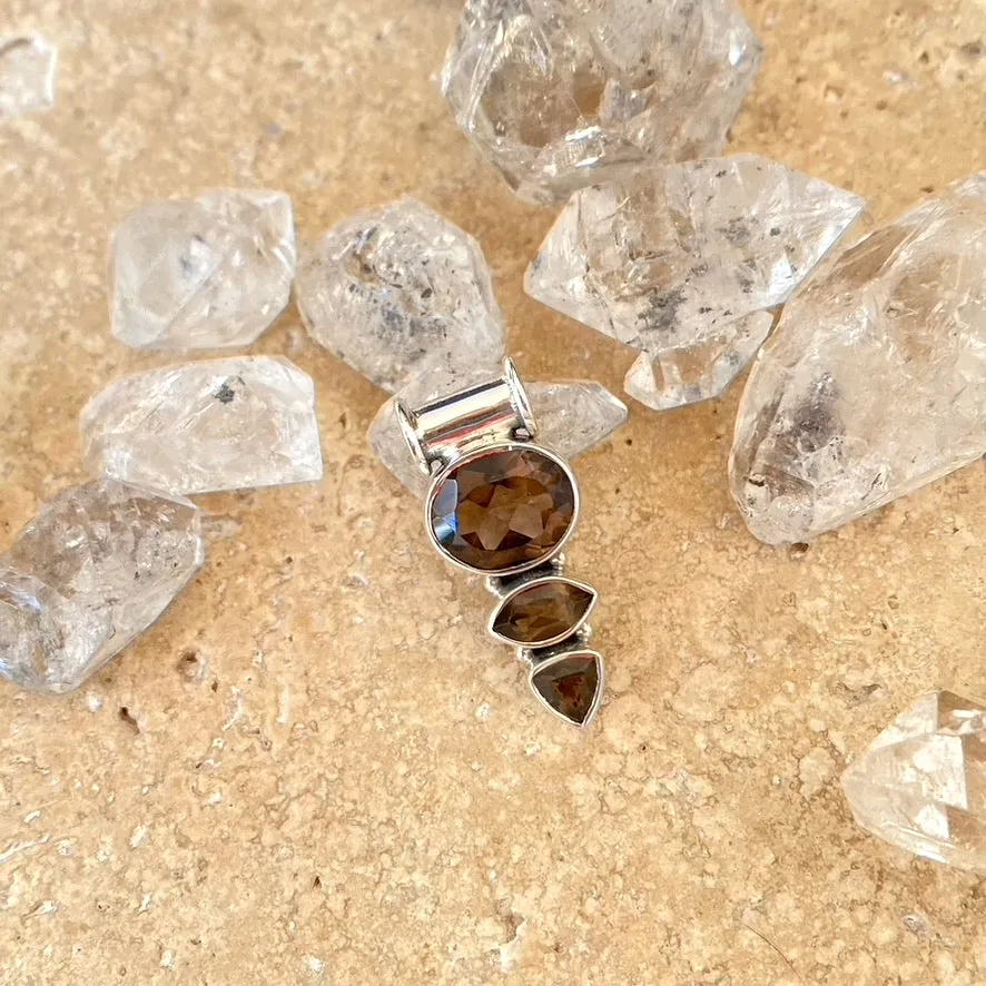 Smoky Quartz Pendant with Three Faceted Gems - Trio