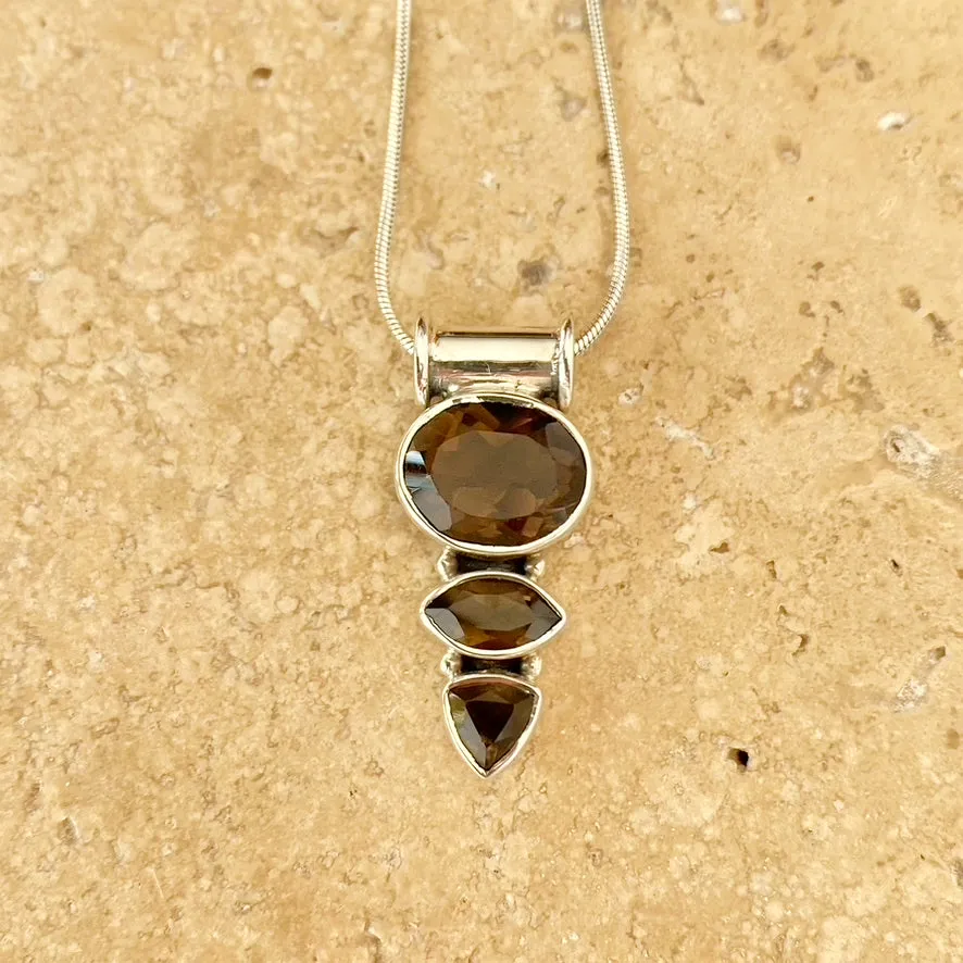 Smoky Quartz Pendant with Three Faceted Gems - Trio