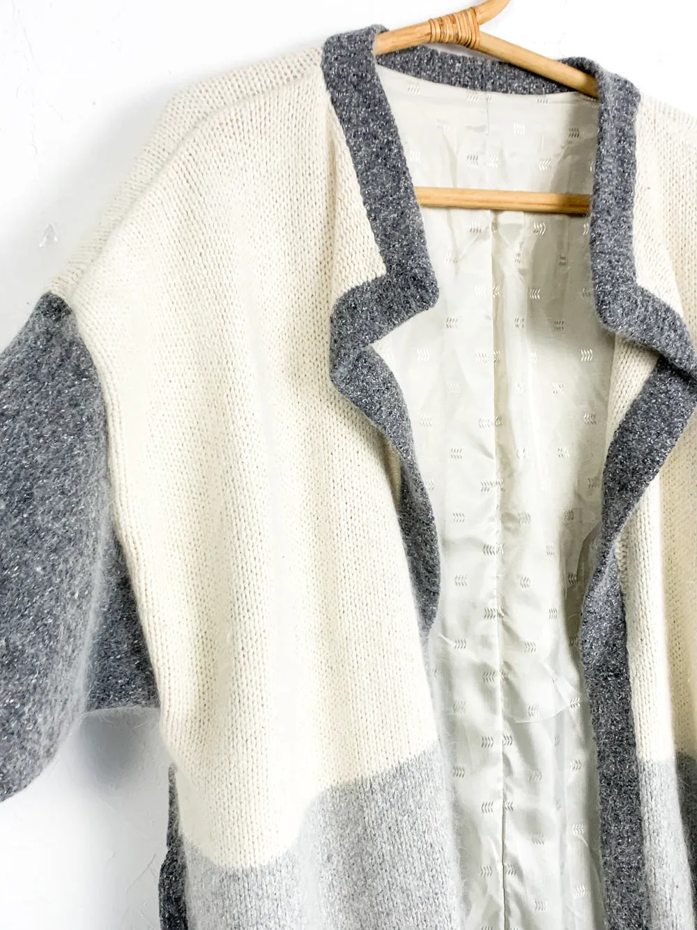 White and Grey Colorblocked Wool Belted Cardigan