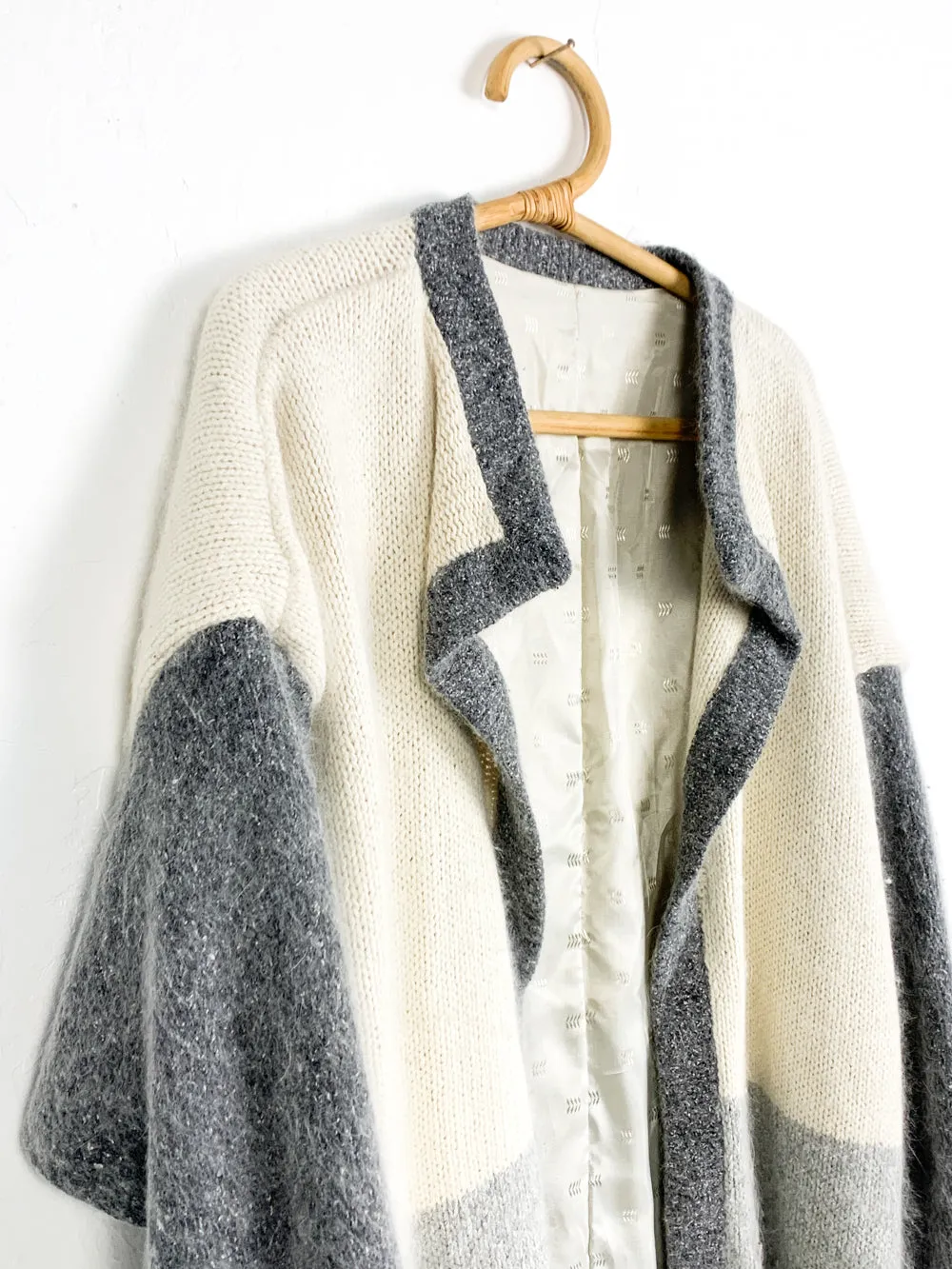 White and Grey Colorblocked Wool Belted Cardigan