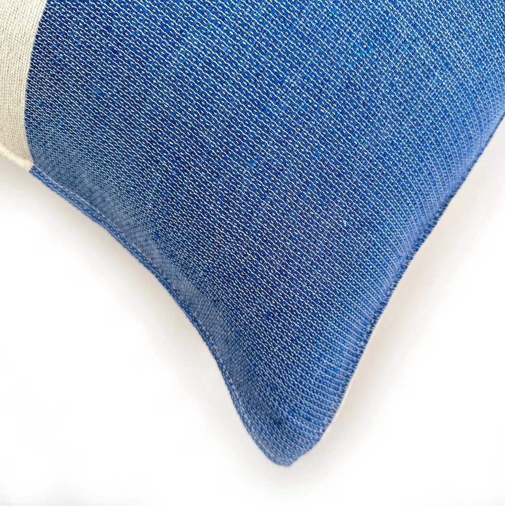 Woven Block Pillow Case - Natural with Blue